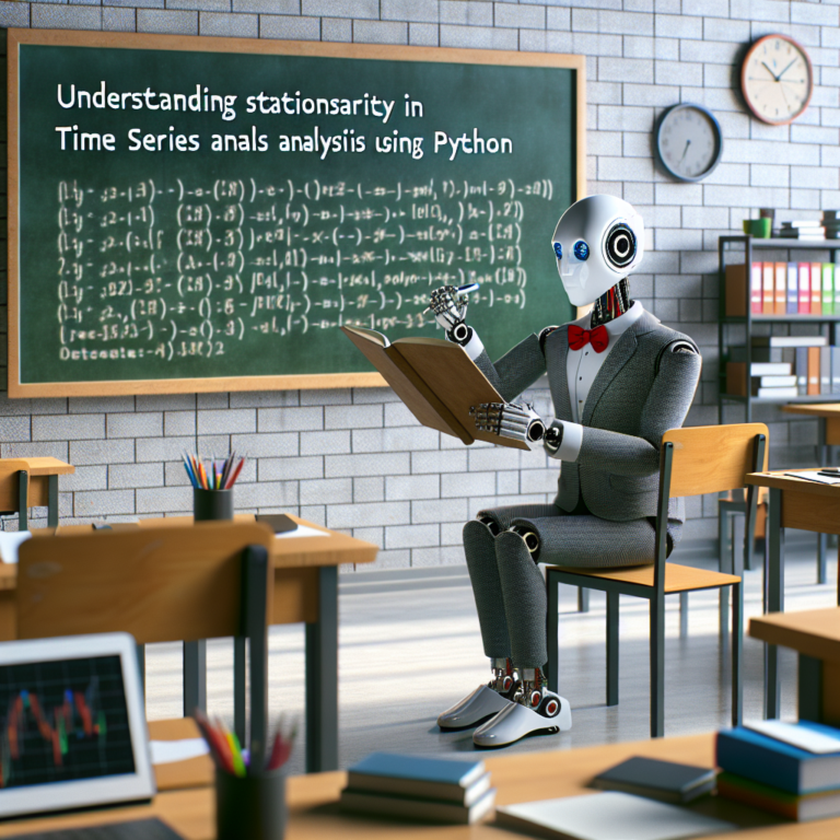 a businessman robot is writing a tutorial with the title: understanding stationarity in time series analysis using python in a class