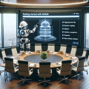 a engineer robot is designing a tutorial with the title: getting started with github: a beginner's guide to repository setup in a boardroom