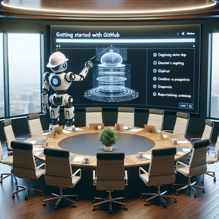 a engineer robot is designing a tutorial with the title: getting started with github: a beginner's guide to repository setup in a boardroom