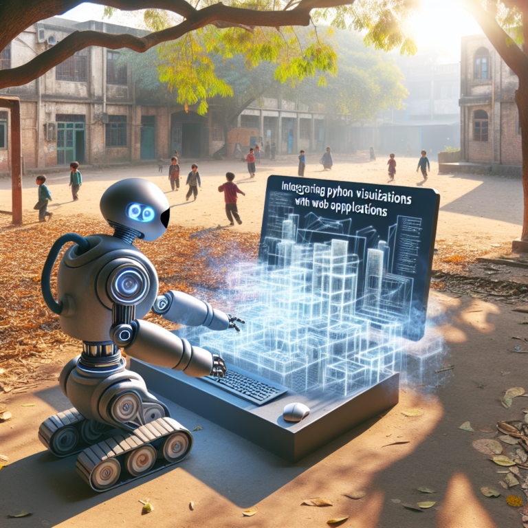 a engineer robot is designing a tutorial with the title: integrating python visualizations with web applications in a schoolyard