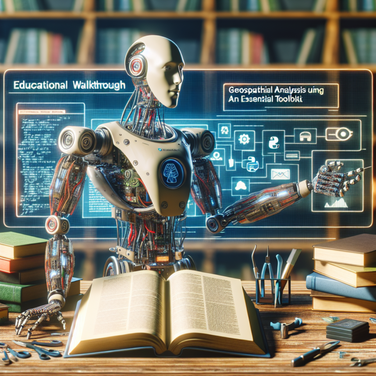 a engineer robot is developing a tutorial with the title: geospatial analysis using python: an essential toolkit in a library