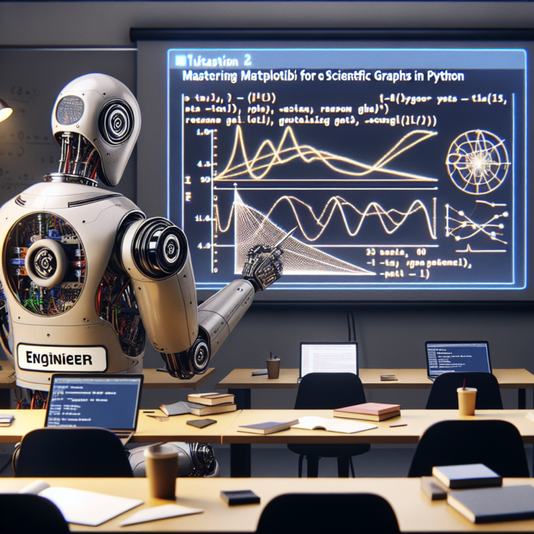 a engineer robot is developing a tutorial with the title: mastering matplotlib for creating scientific graphs in python in a class