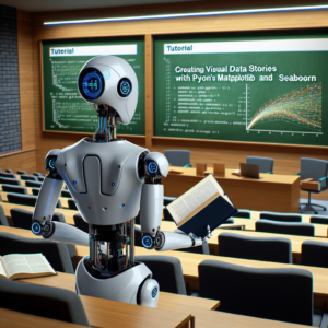 a engineer robot is following a tutorial with the title: creating visual data stories with python's matplotlib and seaborn in a lecture hall