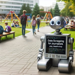 a engineer robot is following a tutorial with the title: data scraping for journalists using python and beautifulsoup in a schoolyard