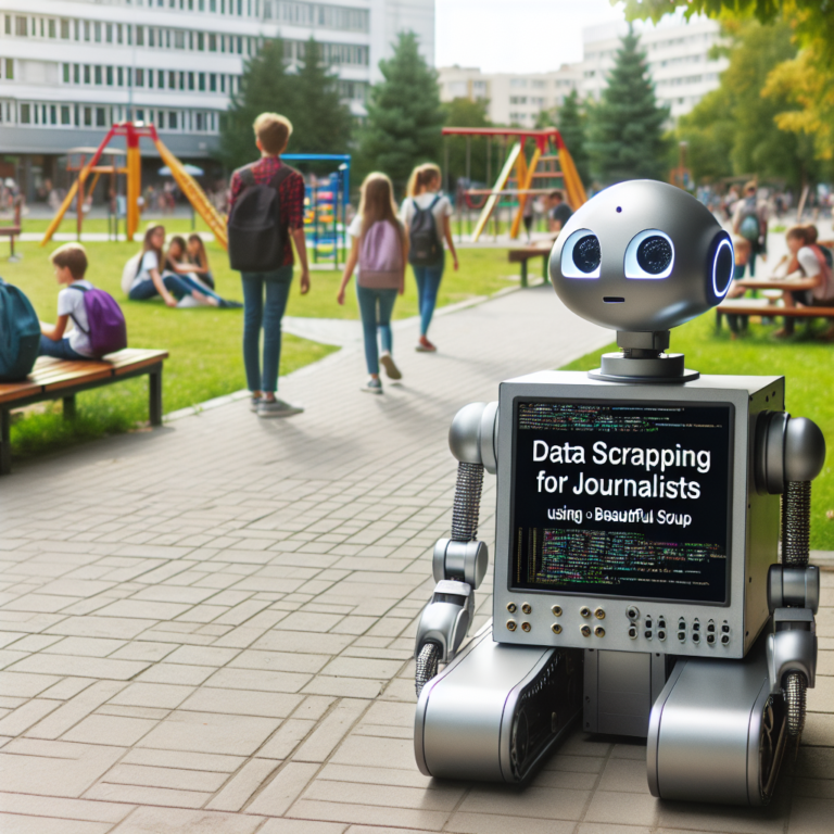 a engineer robot is following a tutorial with the title: data scraping for journalists using python and beautifulsoup in a schoolyard