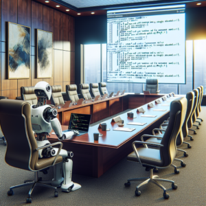 a engineer robot is following a tutorial with the title: optimizing system resource usage with python: advanced techniques in a boardroom