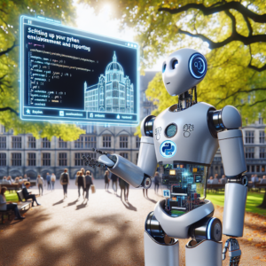 a engineer robot is following a tutorial with the title: setting up your python environment for data analysis and reporting in a campus