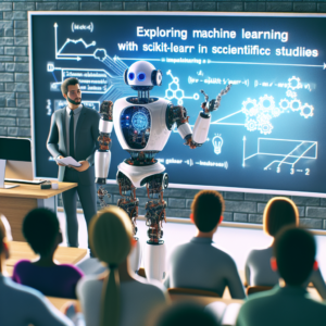 a engineer robot is implementing a tutorial with the title: exploring machine learning with scikit learn in scientific studies in a class