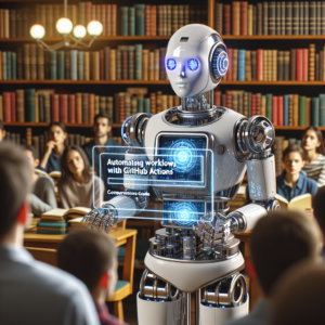 a engineer robot is presenting a tutorial with the title: automating workflows with github actions: a comprehensive guide in a library