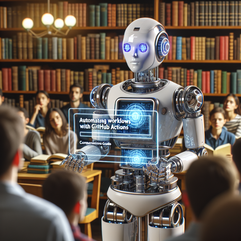 a engineer robot is presenting a tutorial with the title: automating workflows with github actions: a comprehensive guide in a library