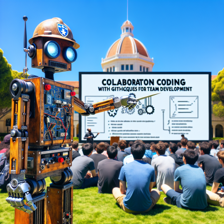 a engineer robot is presenting a tutorial with the title: collaborative coding with github: techniques for team development in a campus
