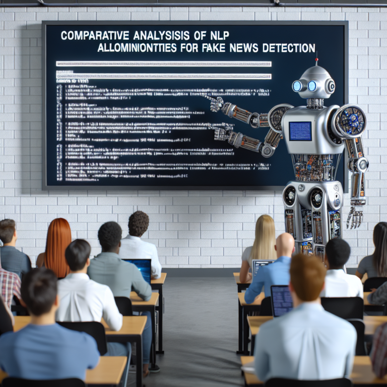 a engineer robot is presenting a tutorial with the title: comparative analysis of nlp algorithms for fake news detection in a campus