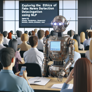 a engineer robot is presenting a tutorial with the title: exploring the ethics of fake news detection using nlp in a conference room