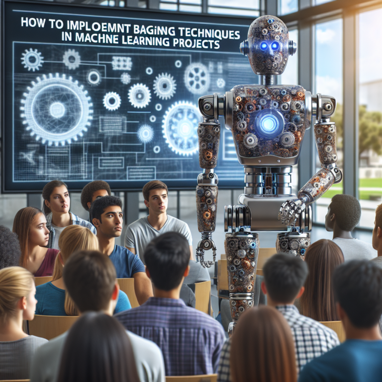 a engineer robot is presenting a tutorial with the title: how to implement bagging techniques in machine learning projects in a campus