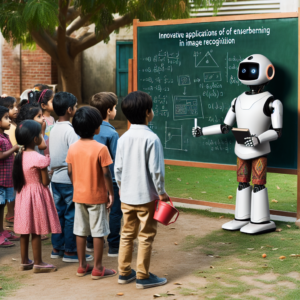 a engineer robot is presenting a tutorial with the title: innovative applications of ensemble learning in image recognition in a schoolyard