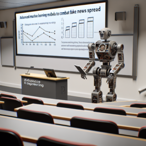 a engineer robot is reading a tutorial with the title: advanced machine learning models to combat fake news spread in a lecture hall