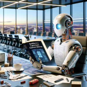 a engineer robot is reading a tutorial with the title: building a cybersecurity toolkit with python: essential libraries in a conference room