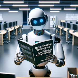a engineer robot is reading a tutorial with the title: data cleaning techniques in python for dashboard visualization in a office