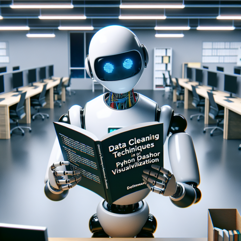 a engineer robot is reading a tutorial with the title: data cleaning techniques in python for dashboard visualization in a office