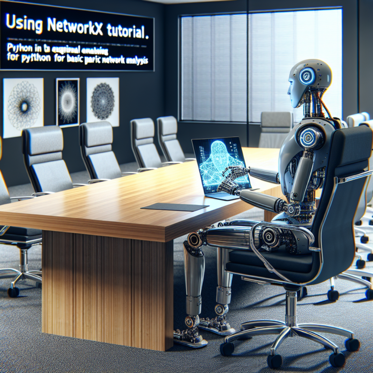 a engineer robot is reading a tutorial with the title: using networkx in python for basic network analysis in a boardroom