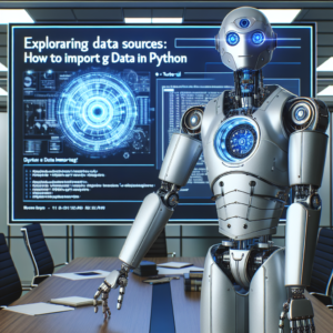 a engineer robot is teaching a tutorial with the title: exploring data sources: how to import data in python in a boardroom