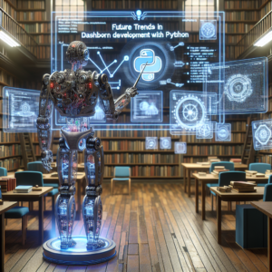 a engineer robot is teaching a tutorial with the title: future trends in dashboard development with python in a library