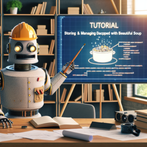a engineer robot is teaching a tutorial with the title: storing and managing data scraped with beautiful soup in a study room