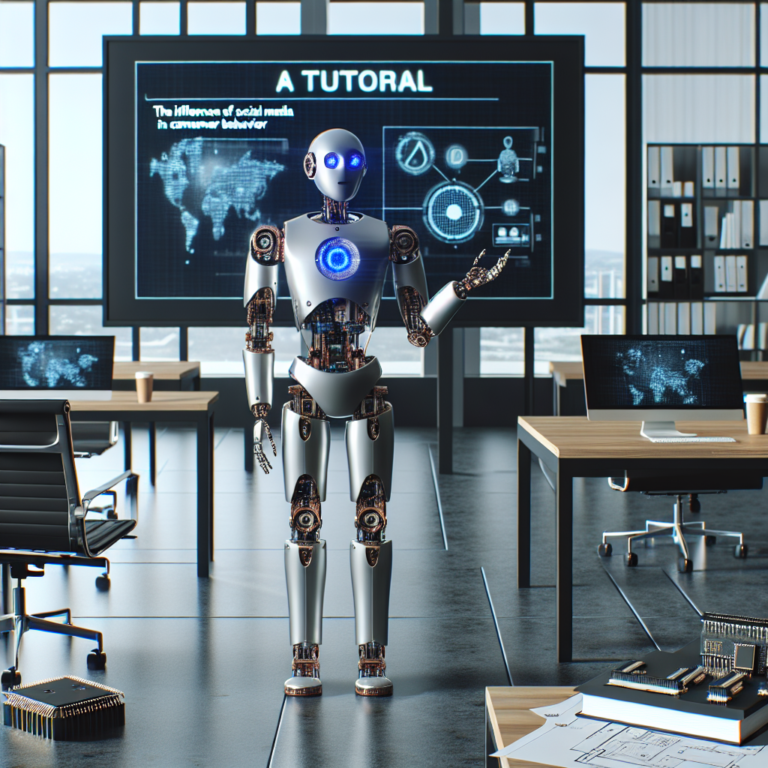 a engineer robot is teaching a tutorial with the title: the influence of social media text on consumer behavior in a office