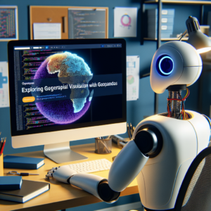 a engineer robot is watching a tutorial with the title: exploring geographical data visualization with python's geopandas in a office