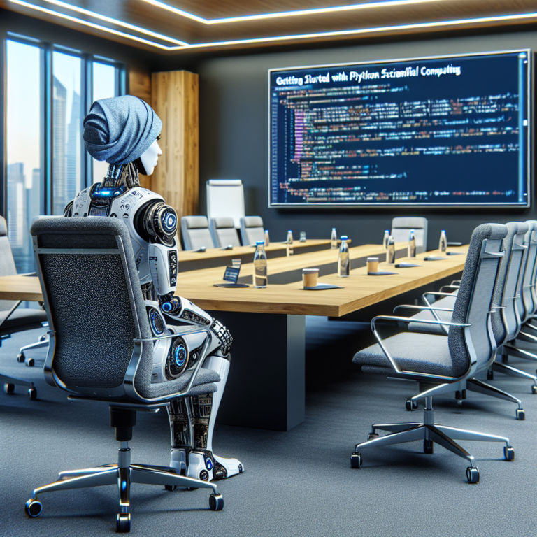 a engineer robot is watching a tutorial with the title: getting started with python for scientific computing: a comprehensive guide in a conference room