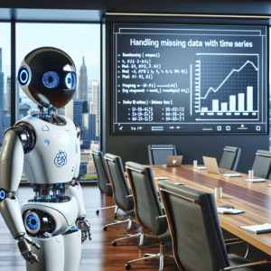 a engineer robot is watching a tutorial with the title: handling missing data in time series with python's statsmodels in a boardroom