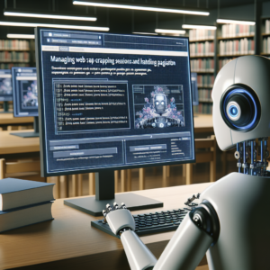 a engineer robot is watching a tutorial with the title: managing web scraping sessions and handling pagination in a library