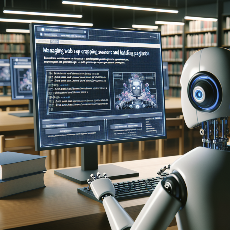 a engineer robot is watching a tutorial with the title: managing web scraping sessions and handling pagination in a library