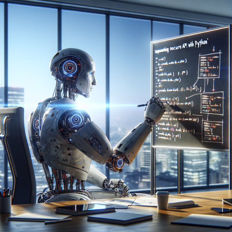a entrepreneur robot is designing a tutorial with the title: implementing secure apis with python: techniques and best practices in a boardroom