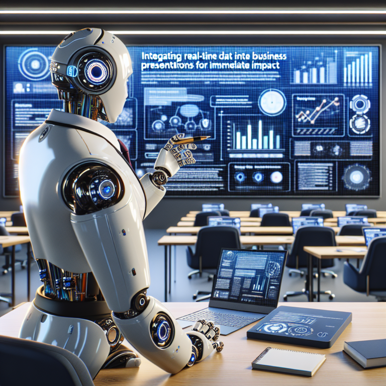 a entrepreneur robot is designing a tutorial with the title: integrating real time data into live business presentations for immediate impact in a class