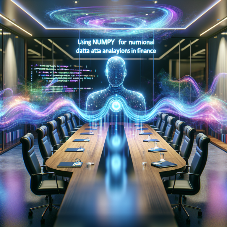 a entrepreneur robot is designing a tutorial with the title: using numpy for numerical data analysis in finance in a boardroom