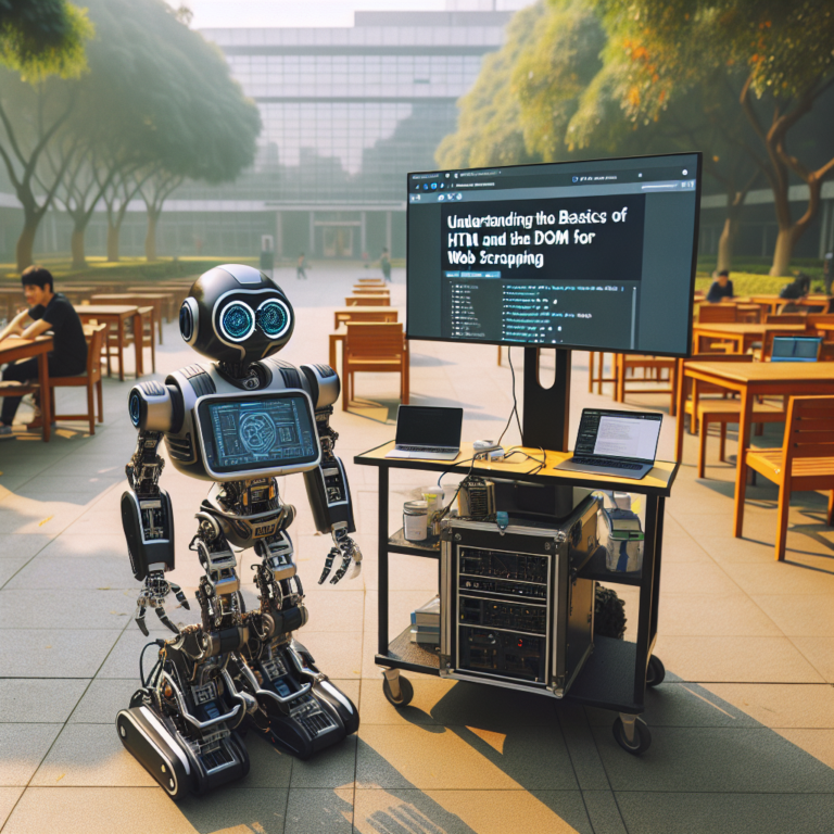 a entrepreneur robot is developing a tutorial with the title: understanding the basics of html and the dom for web scraping in a campus