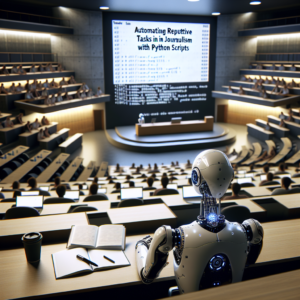 a entrepreneur robot is following a tutorial with the title: automating repetitive tasks in journalism with python scripts in a lecture hall