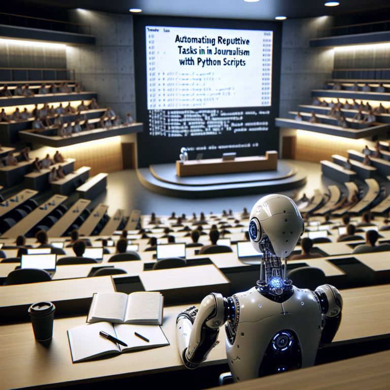 a entrepreneur robot is following a tutorial with the title: automating repetitive tasks in journalism with python scripts in a lecture hall