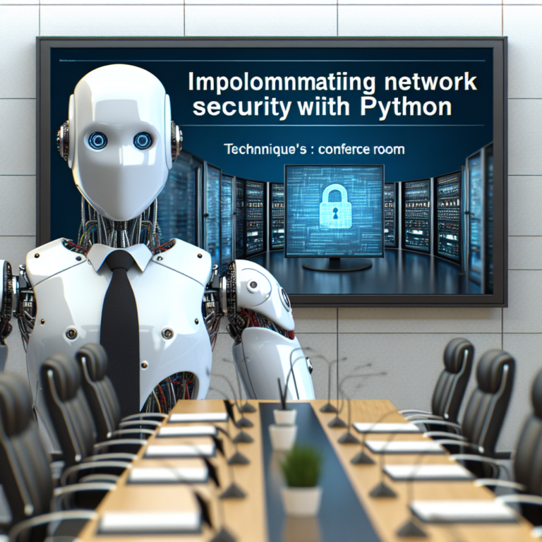 a entrepreneur robot is implementing a tutorial with the title: implementing network security with python: techniques and tools in a conference room