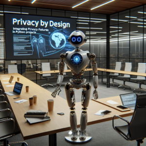 a entrepreneur robot is presenting a tutorial with the title: privacy by design: integrating privacy features in python projects in a conference room
