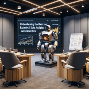 a entrepreneur robot is publishing a tutorial with the title: understanding the basics of exploratory data analysis with statistics in a conference room