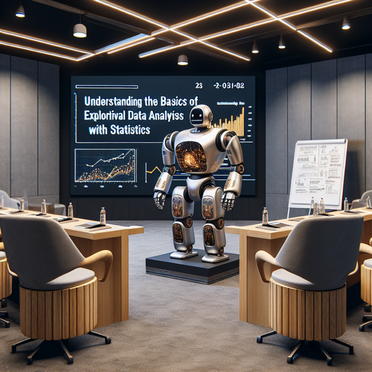 a entrepreneur robot is publishing a tutorial with the title: understanding the basics of exploratory data analysis with statistics in a conference room