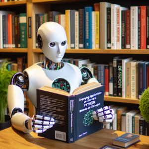 a entrepreneur robot is reading a tutorial with the title: deploying applications on servers using python: methods and strategies in a library