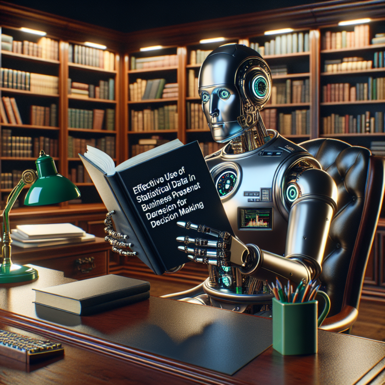 a entrepreneur robot is reading a tutorial with the title: effective use of statistical data in business presentations for decision making in a study room