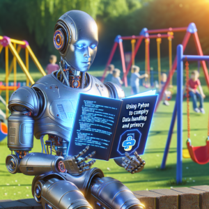 a entrepreneur robot is reading a tutorial with the title: using python to comply with gdpr: data handling and privacy in a schoolyard