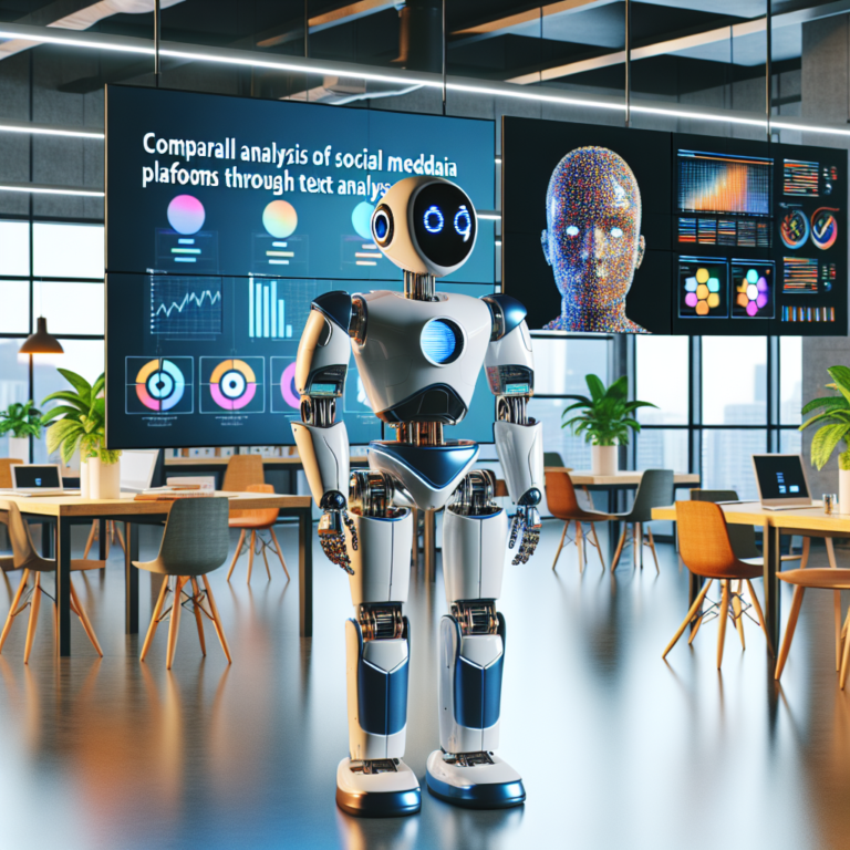 a entrepreneur robot is teaching a tutorial with the title: comparative analysis of social media platforms through text analysis in a office