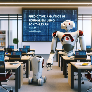 a entrepreneur robot is teaching a tutorial with the title: predictive analytics in journalism using python's scikit learn in a office