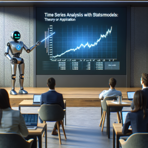 a entrepreneur robot is teaching a tutorial with the title: time series analysis with statsmodels: from theory to application in a conference room