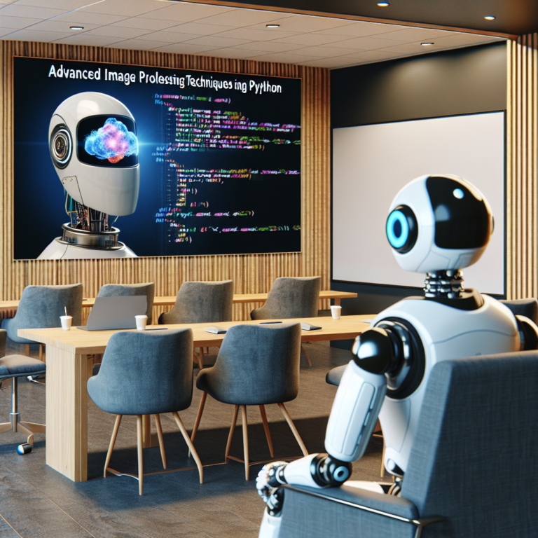 a entrepreneur robot is watching a tutorial with the title: advanced image processing techniques using opencv in python in a conference room